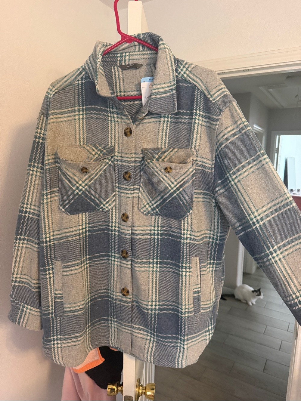 Plaid Button-Front Shacket Jacket - Gray & Cream